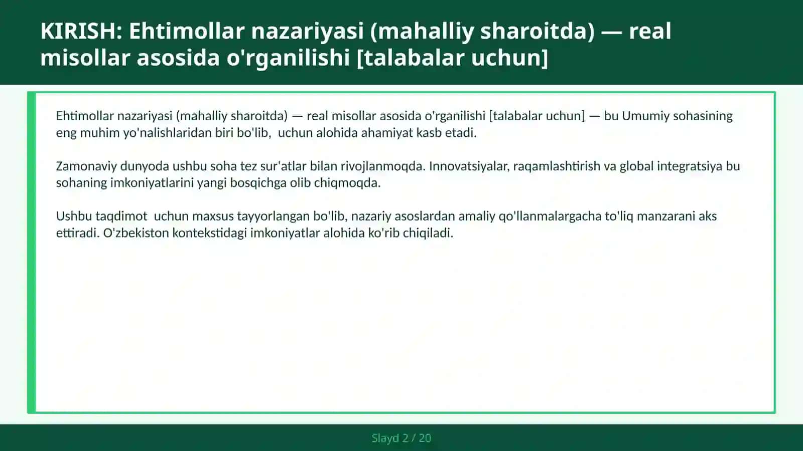 Ehtimollar nazariyasi (mahalliy sharoitda) — real misollar asosida o'rganilishi [talabalar uchun] 2