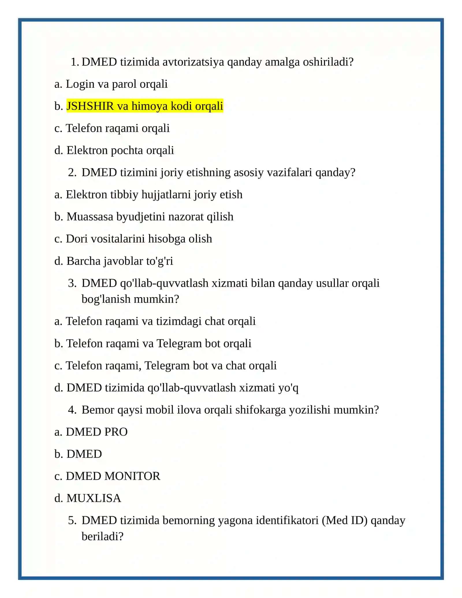 DMED tizimi bo'yicha testlar 2
