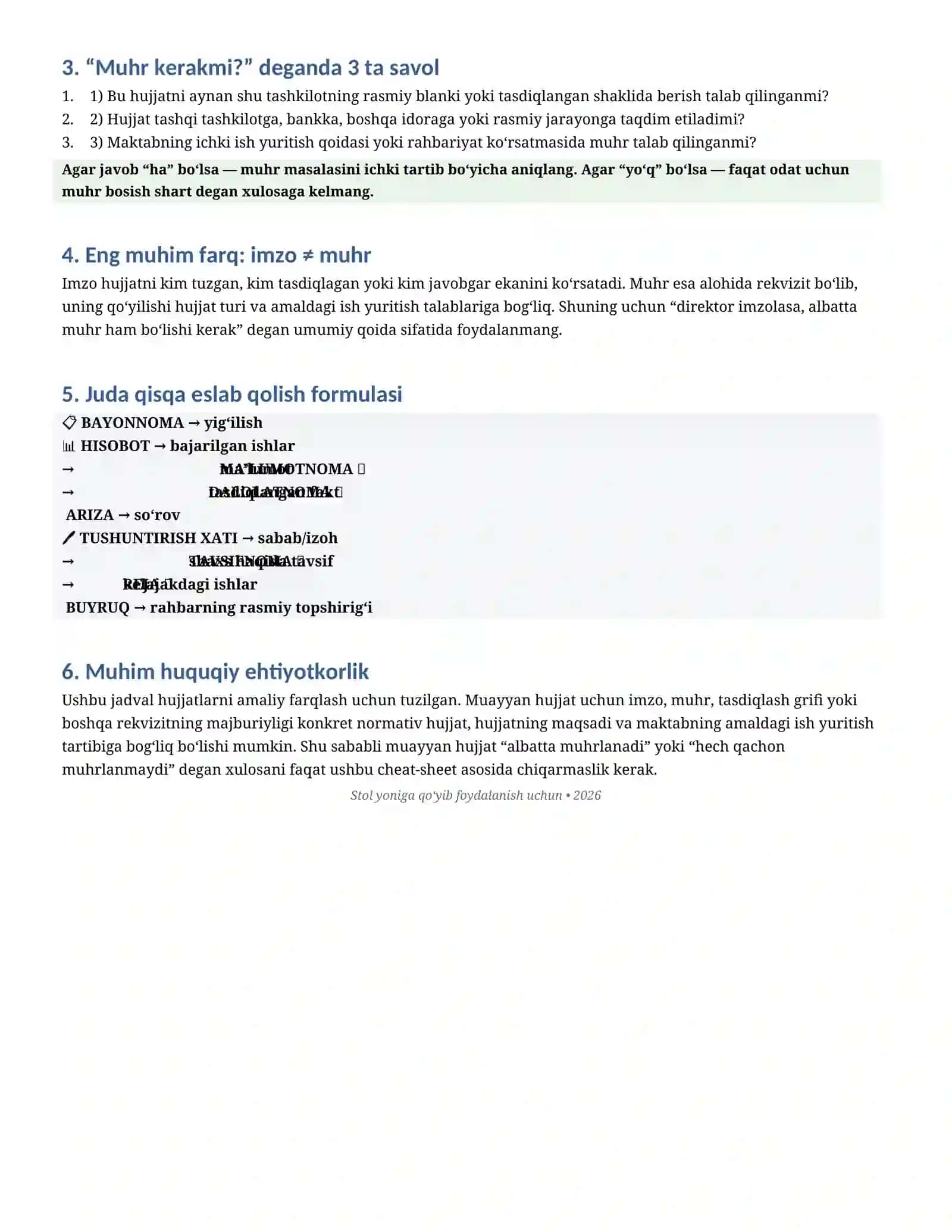 MAKTAB MASLAHATCHISI UCHUN HUJJATLARNI RASMIYLASHTIRISH CHEAT-SHEET 2