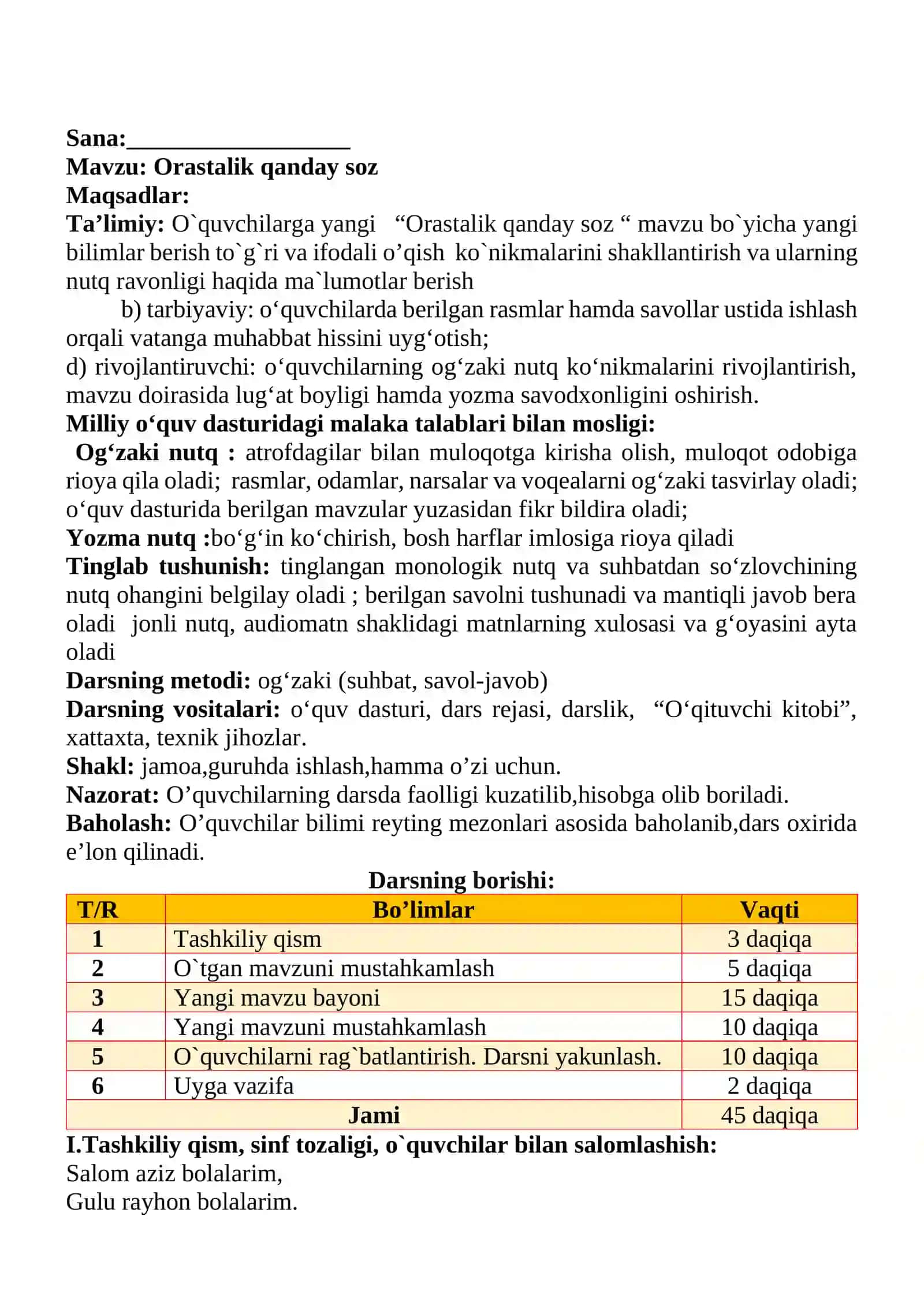 Orastalik qanday soz 1-sinf o'qish savodxonligi dars ishlanmasi 2