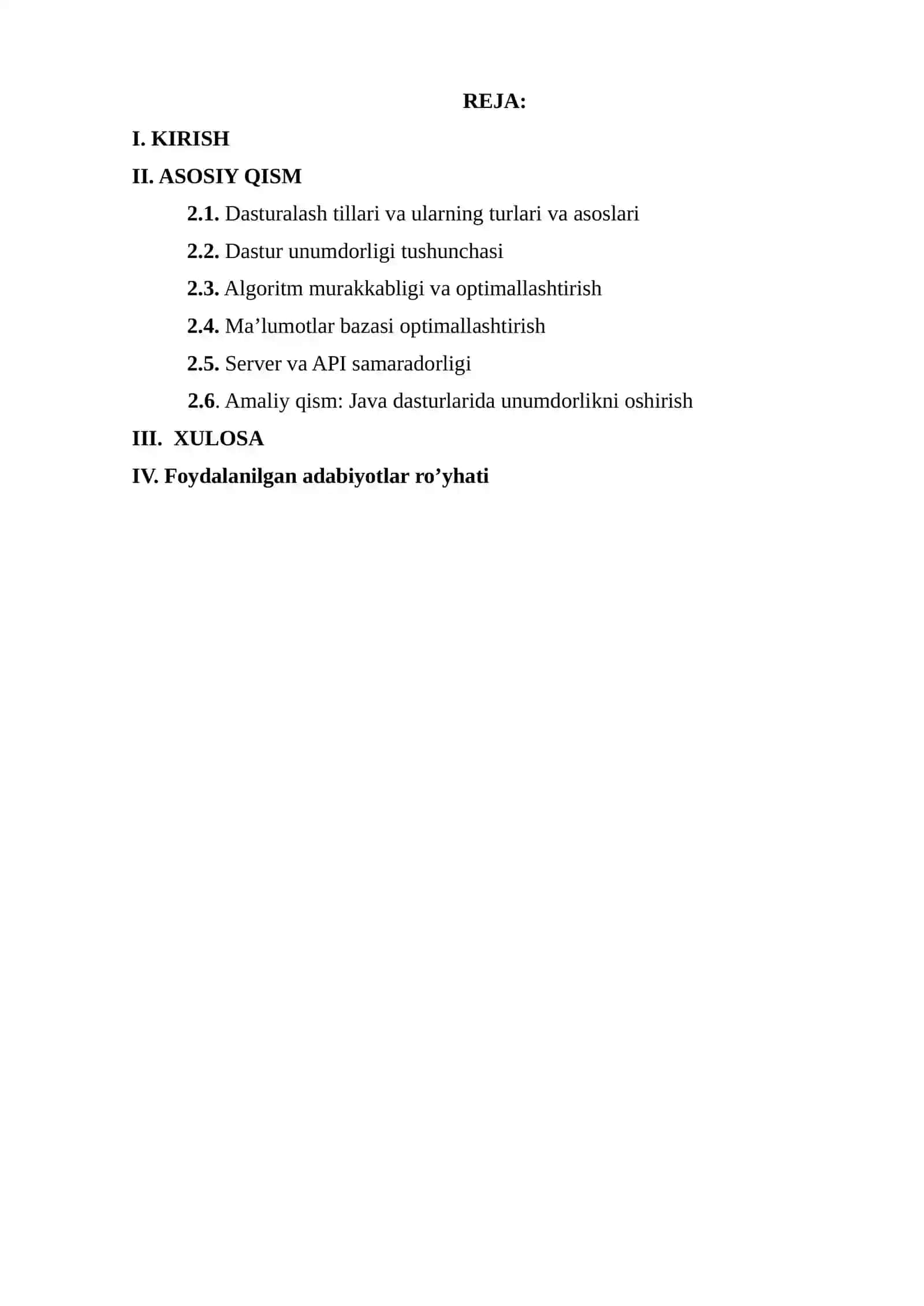 KURS ISHI: Dasturning unumdor ishlashi uchun qo‘yiladigan shartlar va yuqori unumdorlik 2