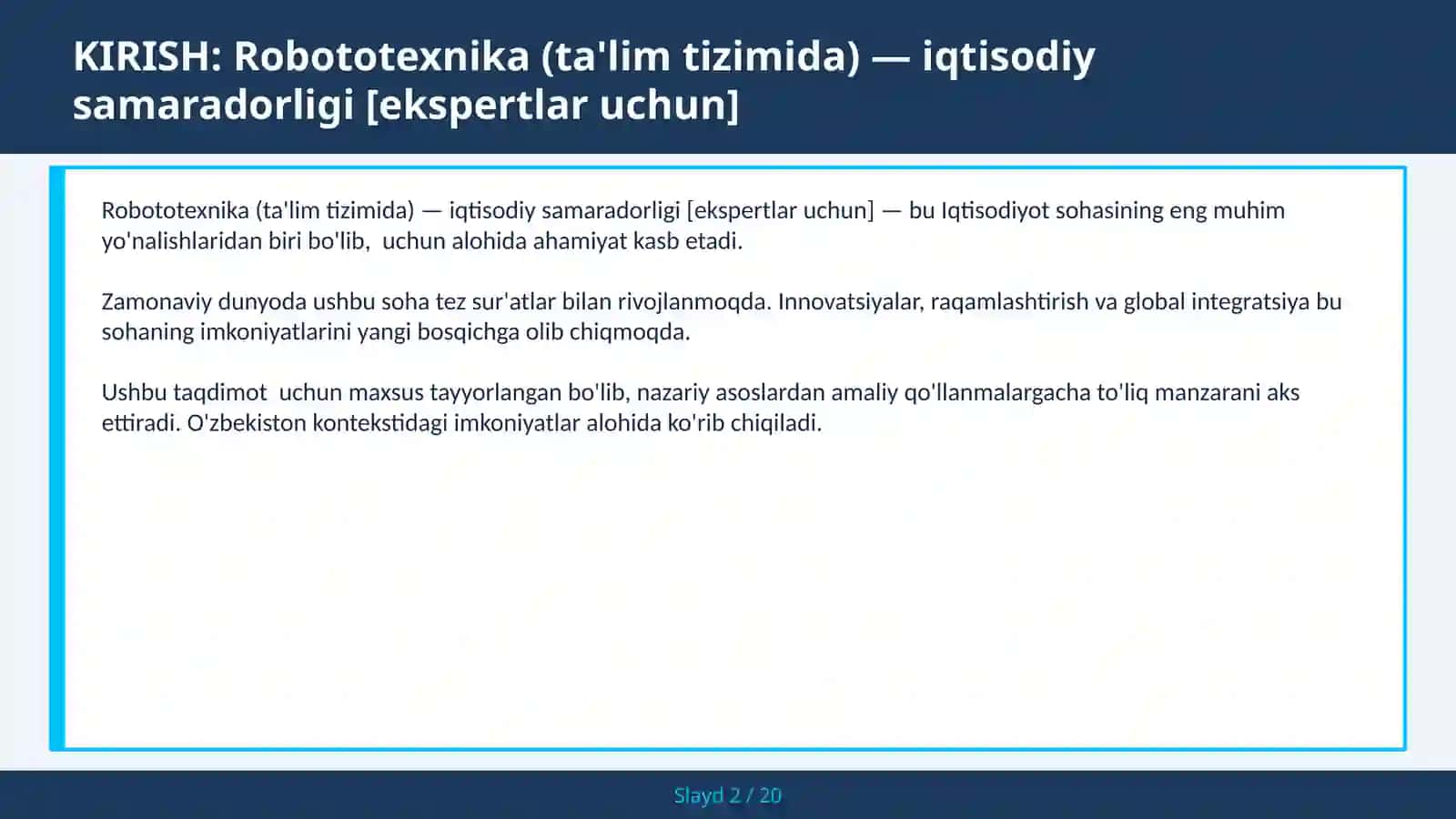 Robototexnika (ta'lim tizimida) — iqtisodiy samaradorligi [ekspertlar uchun] 2