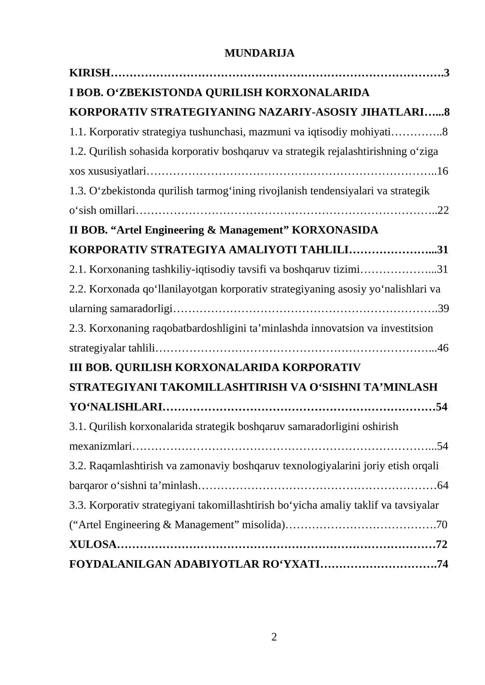 O‘zbekistonda qurilish korxonalarining o‘sishini ta’minlashda korporativ strategiyaning o‘rni (Artel Engineering & Management korxonasi misolida) 2