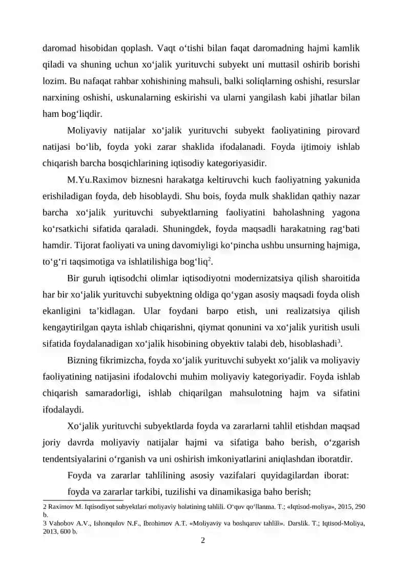 Foyda va zararlar tahlili 2