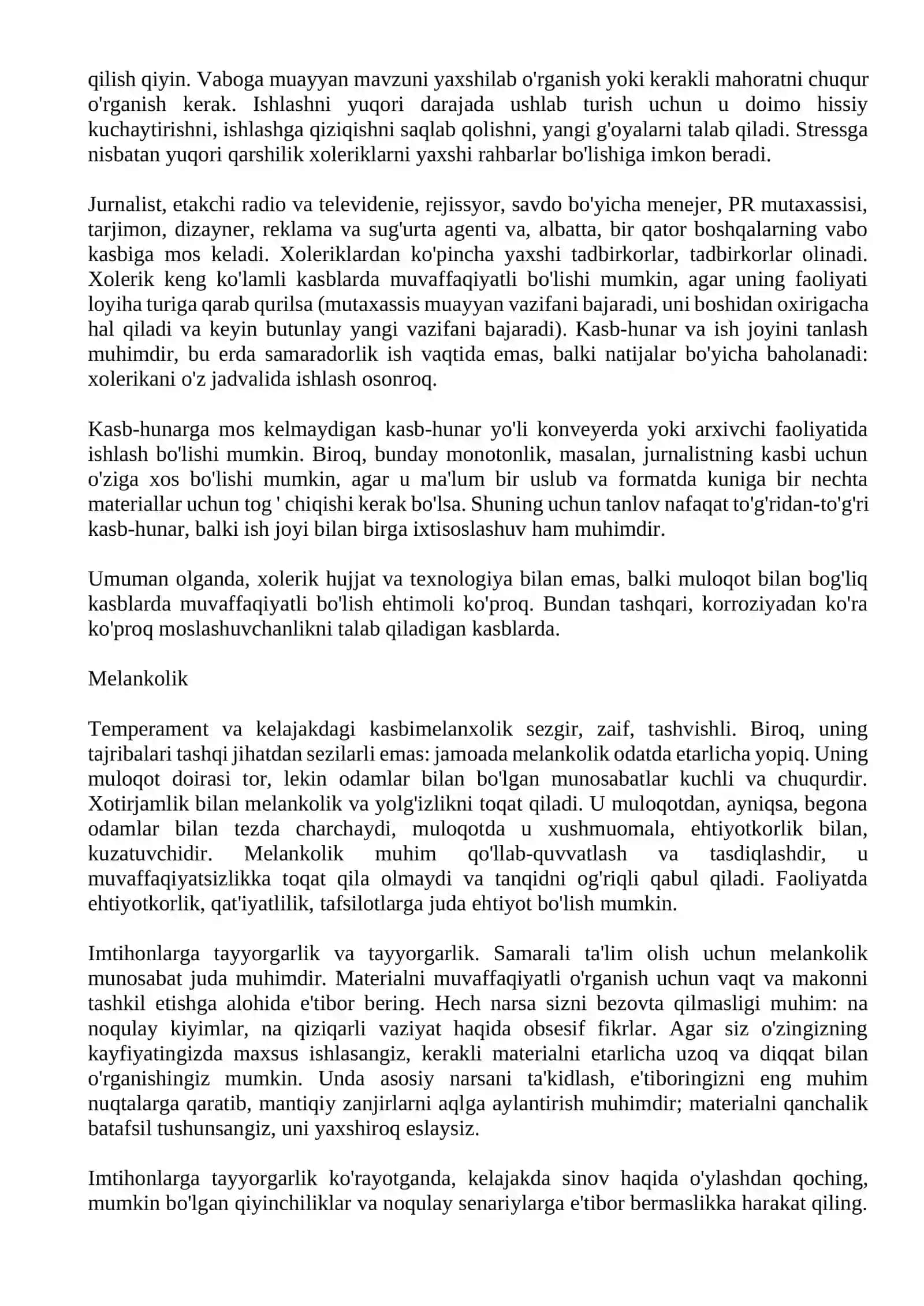 Qanday kasblar vabo, sanguine, flegmatik, melankolik uchun mos keladi 2