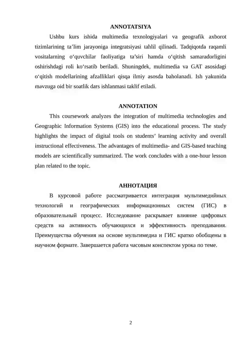 Zamonaviy Axborot texnologiyalaridan(multimedia, Geografik axborot tizimlari-GAT)dars jarayonida foy 2