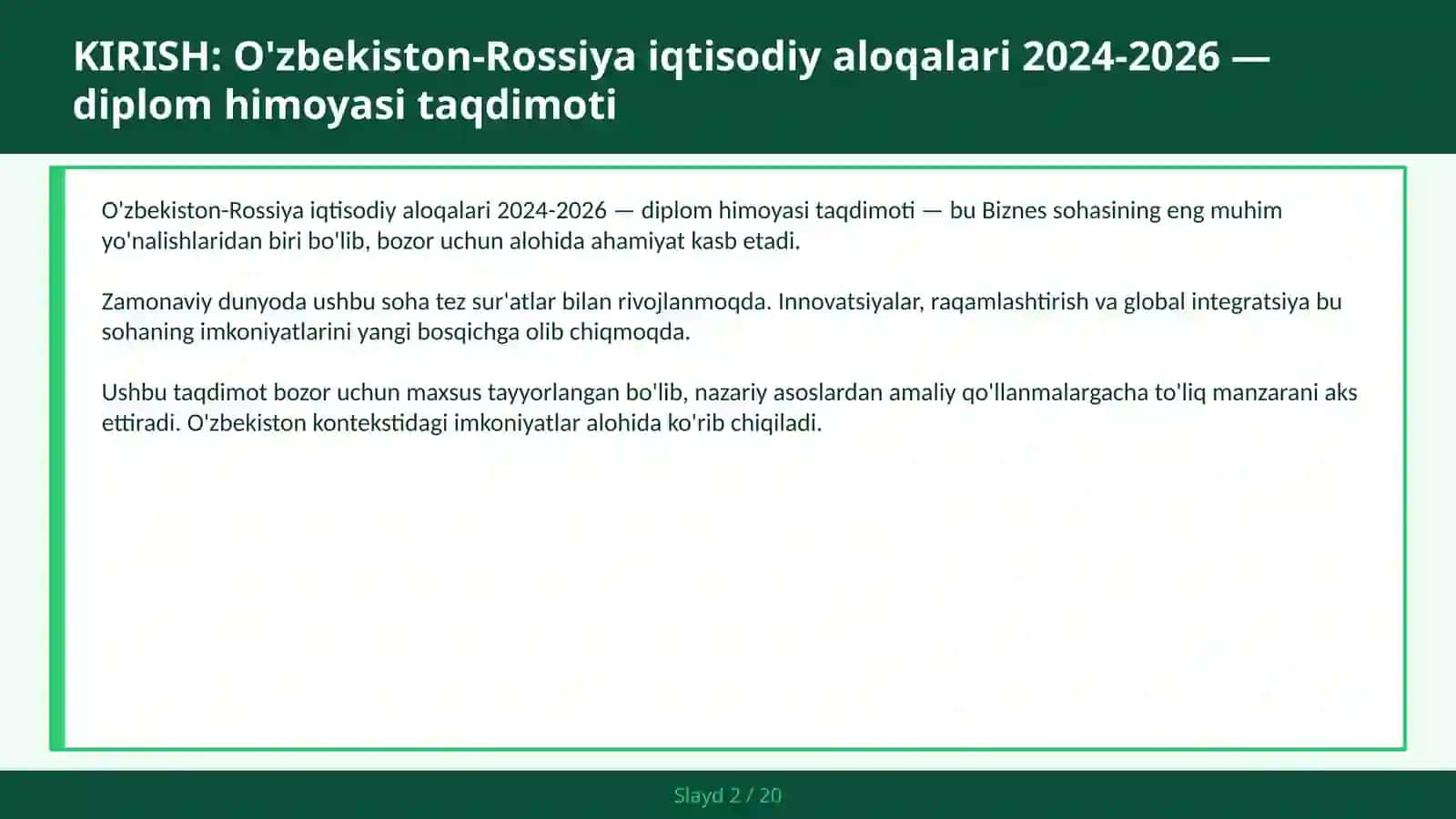 O'zbekiston-Rossiya iqtisodiy aloqalari 2024-2026 — diplom himoyasi taqdimoti 2