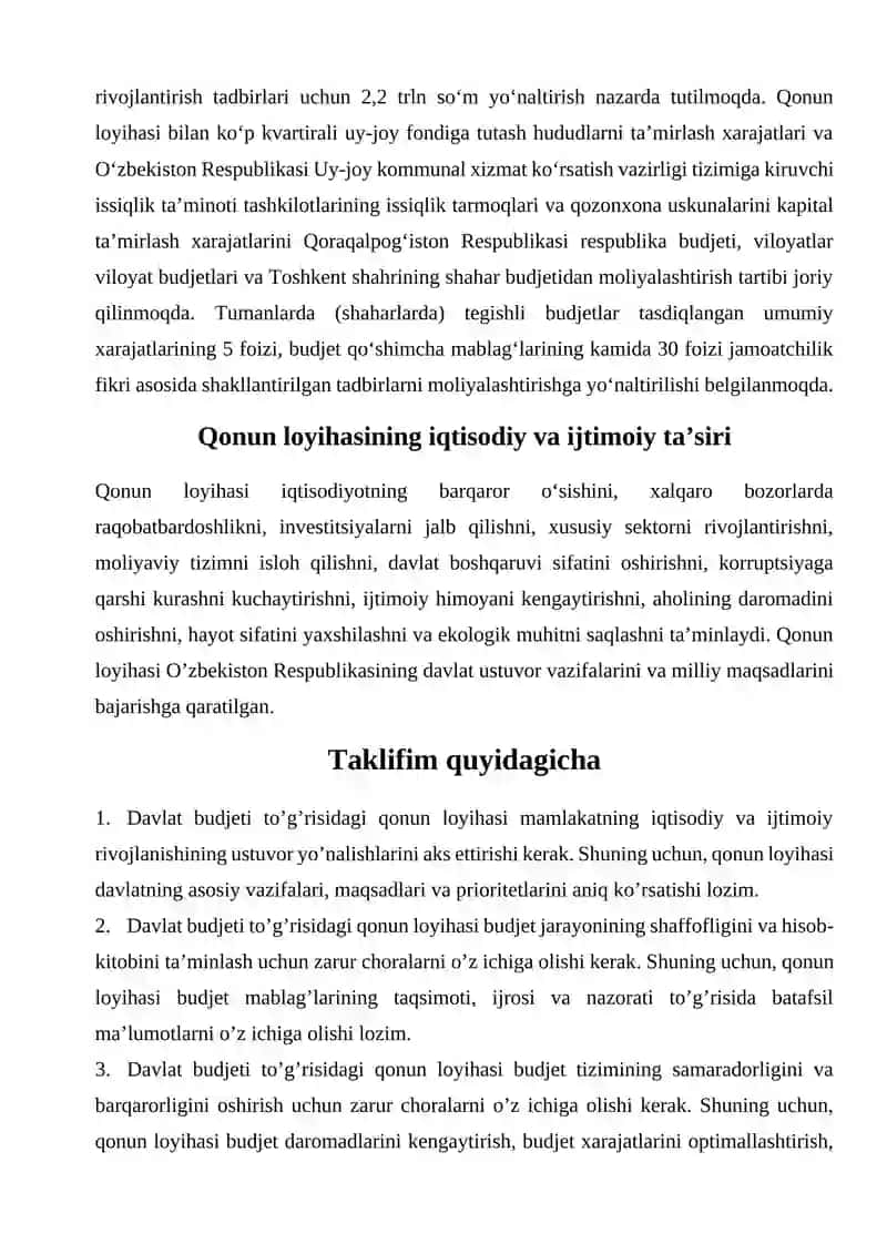 Davlat budjeti to’g’risidagi qonun loyihasi 2
