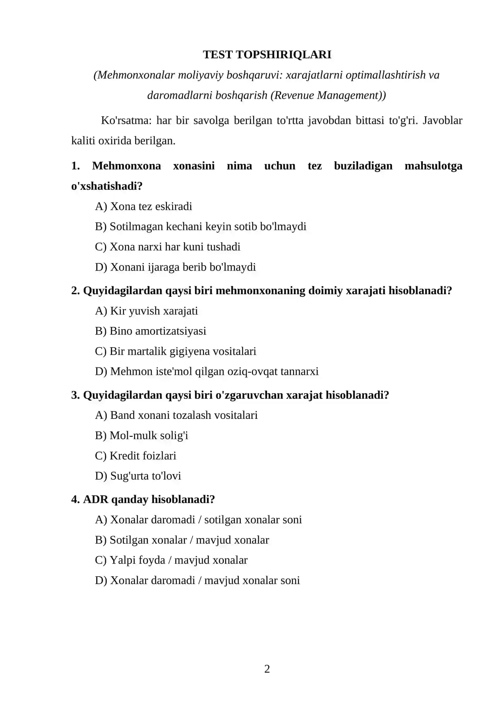 Xalqaro mehmonxona menejmenti test topshiriqlari 2