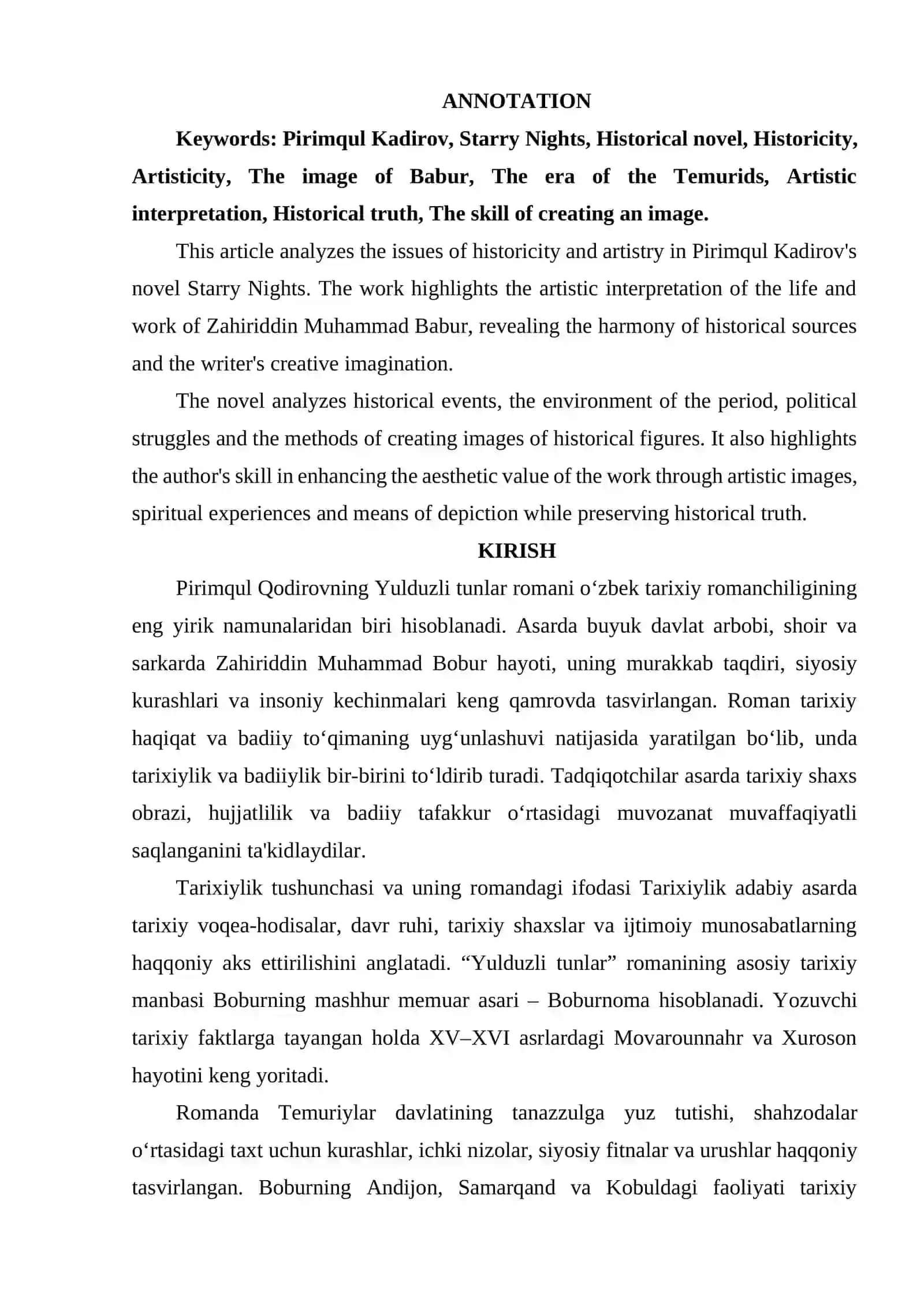 PIRIMQUL QODIROV "YULDUZLI TUNLAR " ROMANIDA TARIXIYLIK VA BADIIYLIK. 2