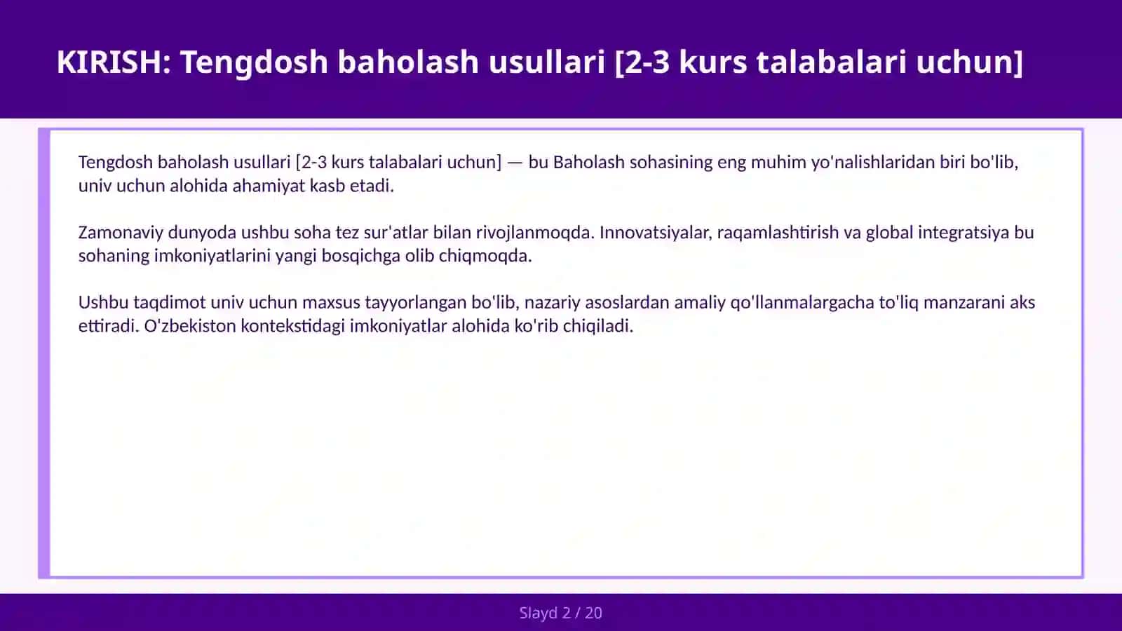 Tengdosh baholash usullari [2-3 kurs talabalari uchun] 2