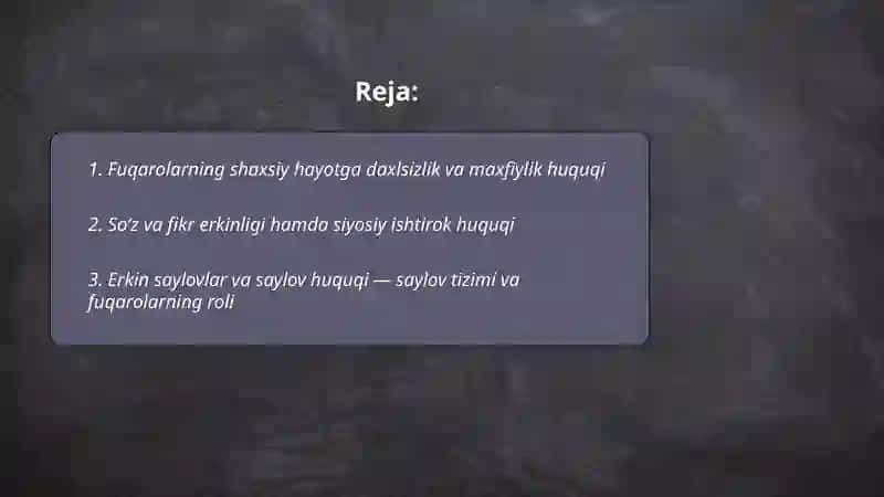 Fuqarolarning shaxsiy, siyosiy, ijtimoiy, iqtisodiy, ma'daniy va ekologik huquqlari 2