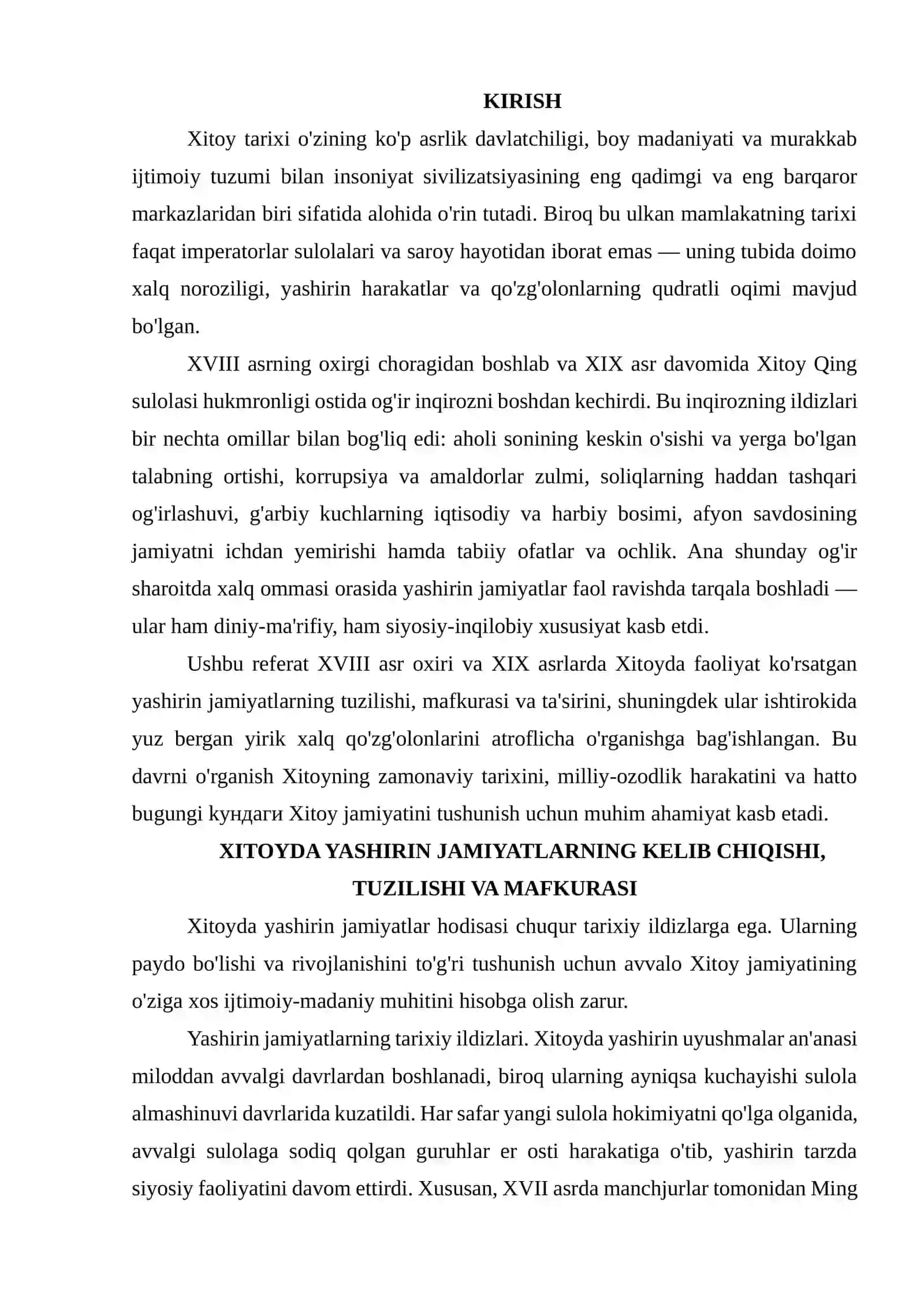 XVIII ASR OXIRI — XIX ASRLARDA XITOYDA YASHIRIN JAMIYATLAR VA XALQ QO'ZG'OLONLARI 2