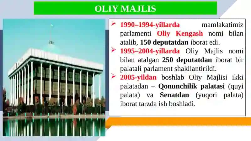 O‘zbekistonda demokratik, fuqarolik jamiyati asoslarining shakllanishi, amalga oshirilgan siyosiy islohotlar. 2