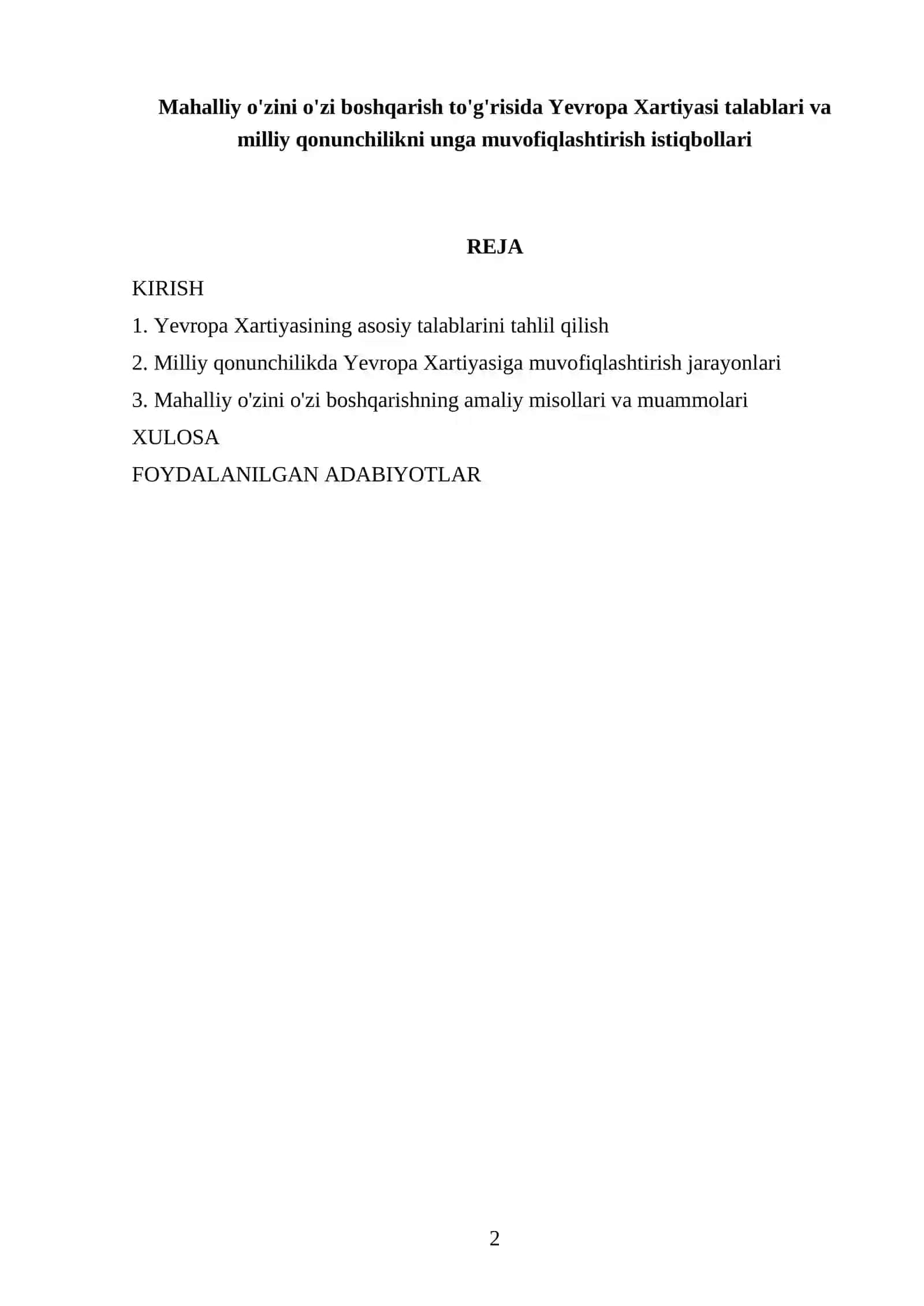 Mahalliy o'zini o'zi boshqarish to'g'risida Yevropa Xartiyasi talablari va milliy qonunchilikni unga muvofiqlashtirish istiqbollari 2