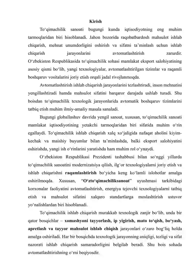 TO‘QIMA ISHLAB CHIQARISH TEXNOLOGIYA JARAYONLARI VA MASHINALARNI AVTOMATLASHTIRISH 2