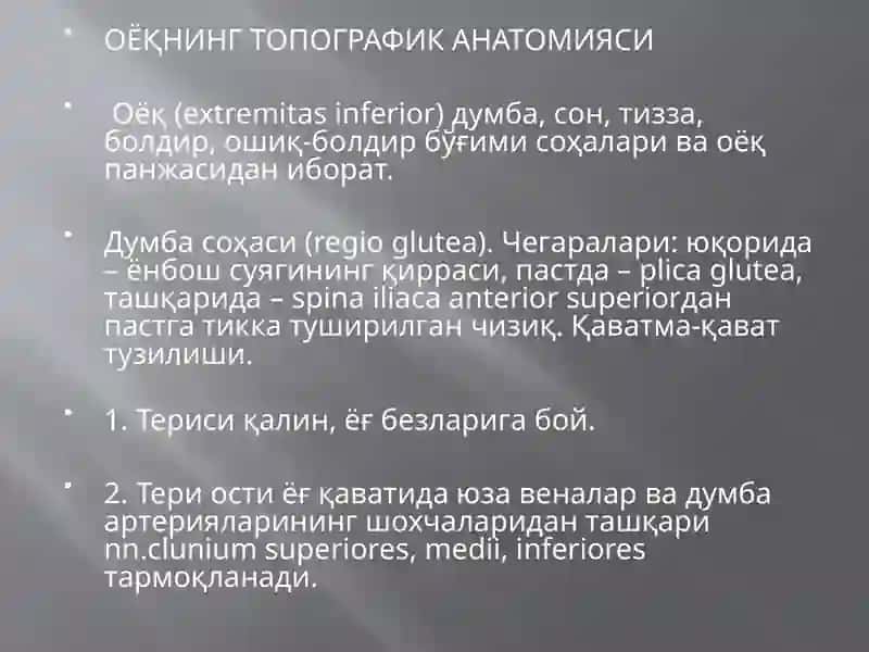 OYOQNING KLINIK ANATOMIYASI TOPOGRAFIK ANATOMIYASI.DUMBA SOHASI. SON SOHASI. TIZZA SOHASI.CHANOQSON VA TIZZA BO’G’IMLARI 2