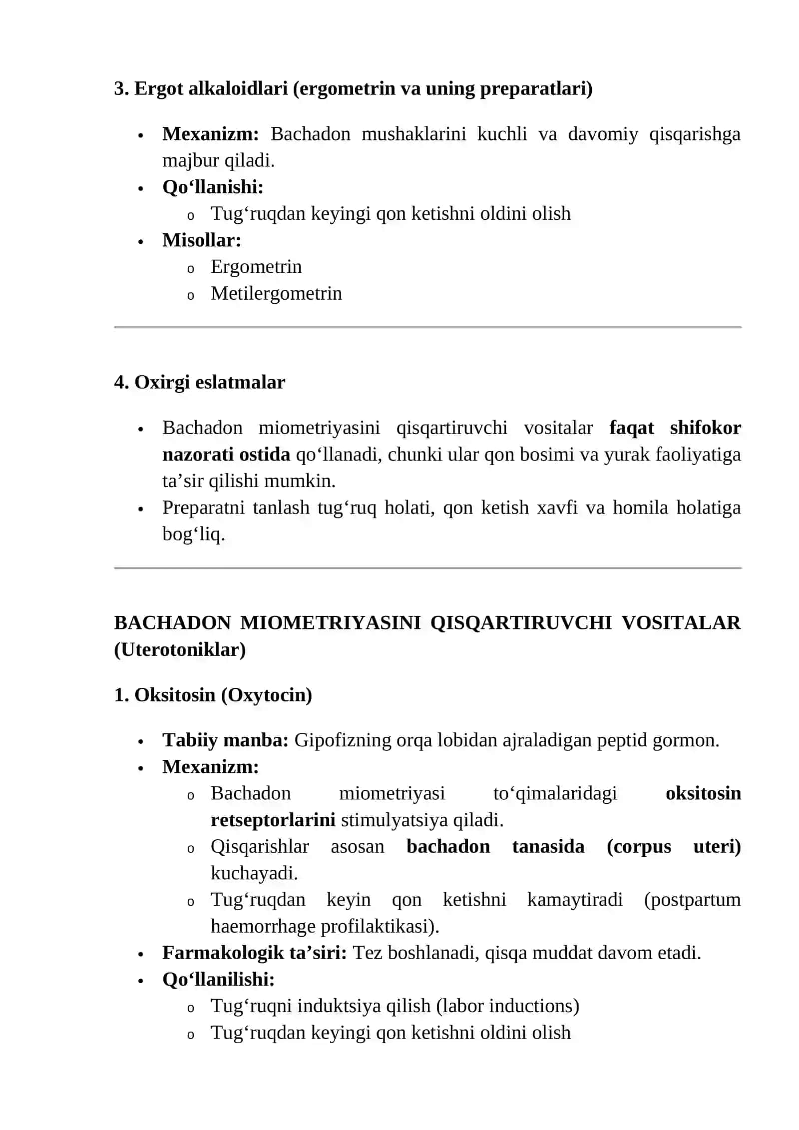 Bachadon miometriyasini qisqartiruvchi vositalar 2