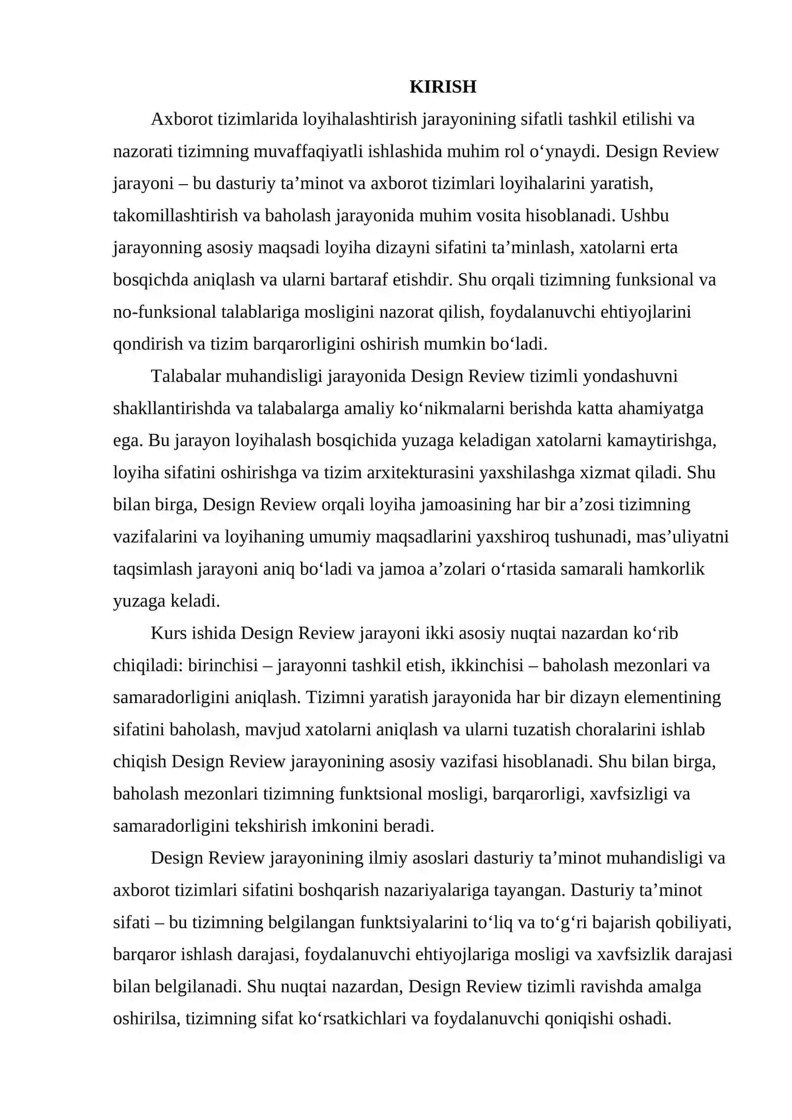 Desing Review jarayonini tashlik etish va baholash mezonlari 2