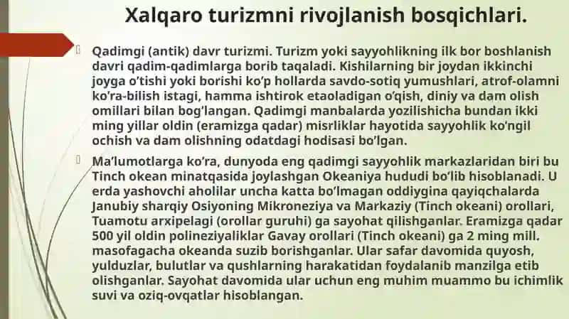 Jahon turizmini rivojlantirishning segmentlari. 2