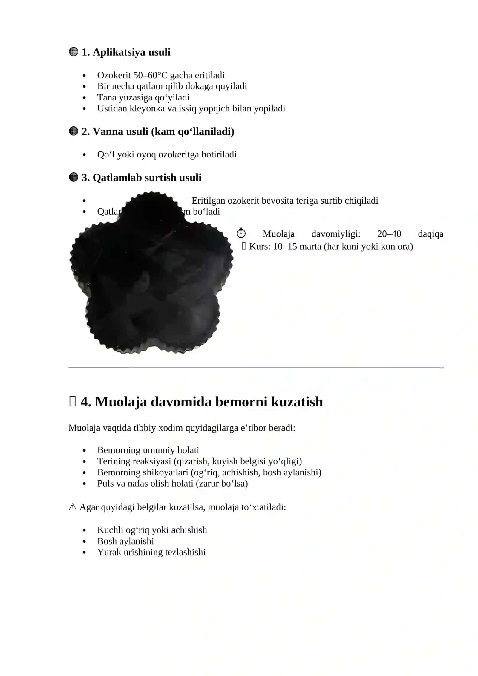 Ozokerit bilan davolash muolajasi uchun korsatma va moneliklarni aniqlash 2