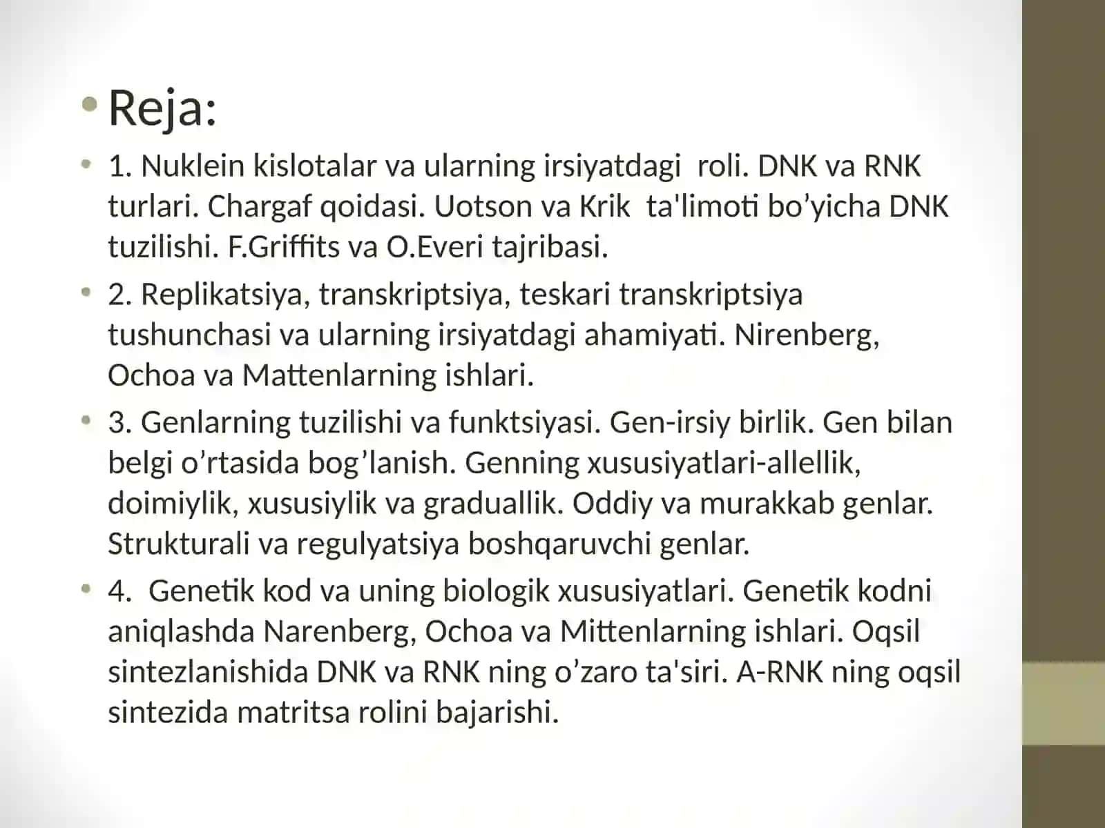 Irsiyatning molekulyar asoslari. Hujayralardan oqsillar biosintezi 2