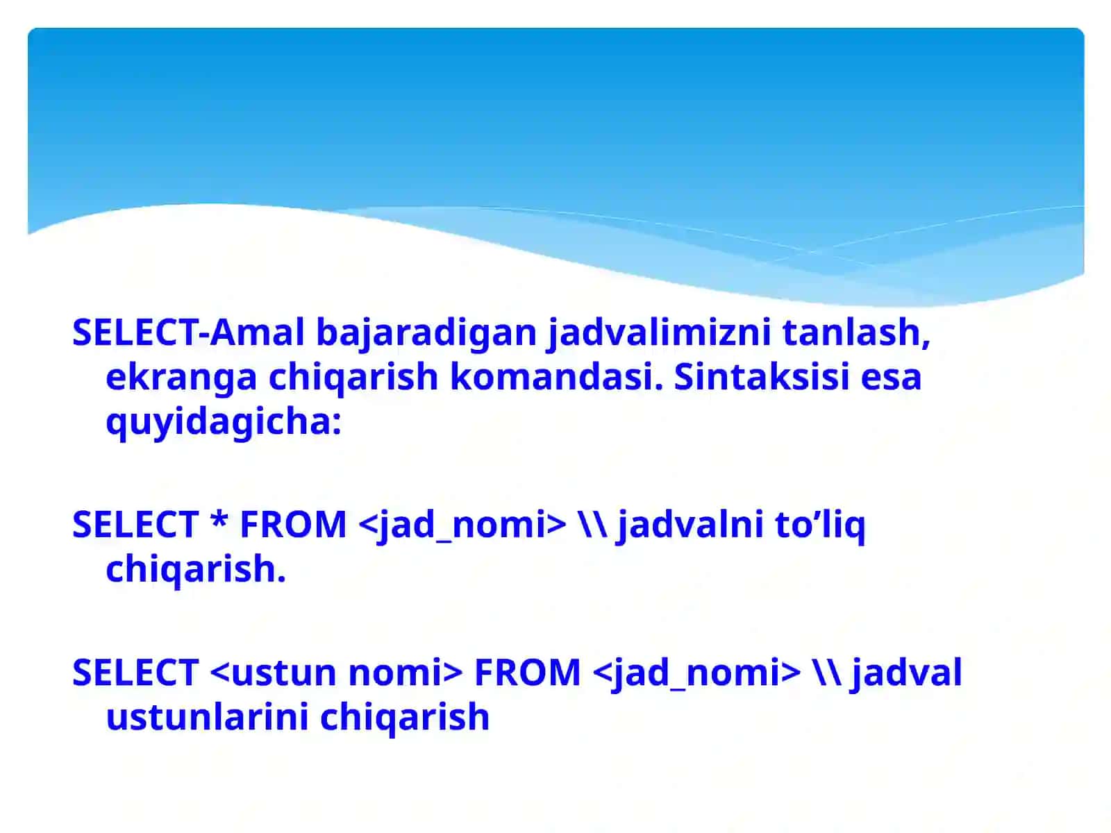 SQL serverda bazadan tanlash (select) va bazani o’chirish (drop) operatorlari 2