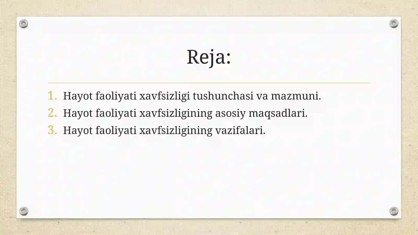 Hayot faoliyati xavfsizligi tushunchasi va maqsadi va vazifalari 2
