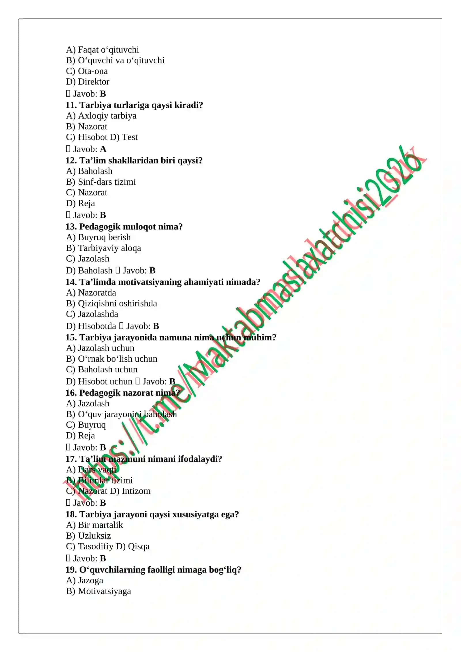 maktab maslahatchilari uchun test javoblari bilan 2