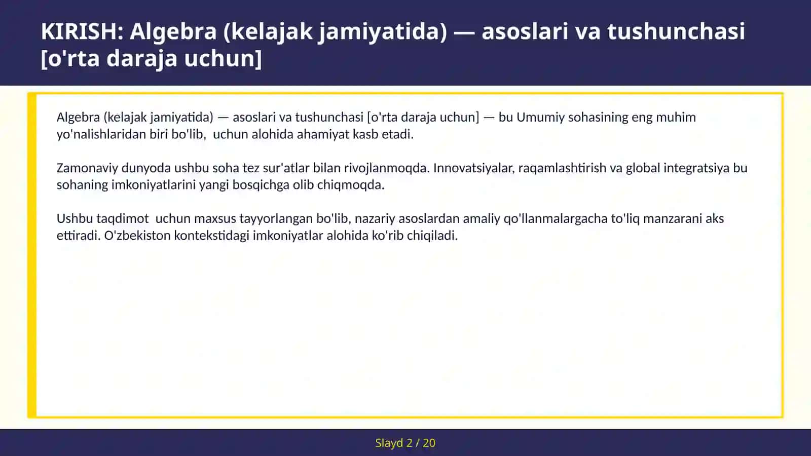Algebra (kelajak jamiyatida) — asoslari va tushunchasi [o'rta daraja uchun] 2