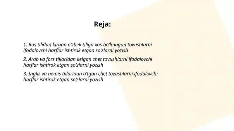 Oʻzbek tiliga xos boʻlmagan tovushlarni ifodalovchi harflar ishtirok etgan soʻzlarni yozish 2