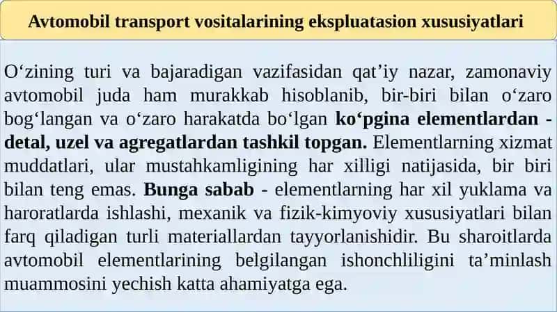 Avtomobillarning texnik holati va ishlash qobiliyatini ekspluatatsiya jarayonida o’zgarishi 2