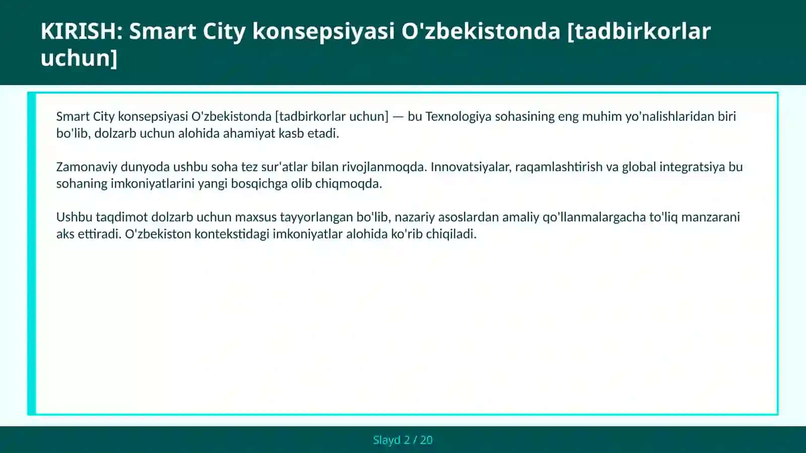 Smart City konsepsiyasi O'zbekistonda [tadbirkorlar uchun] 2