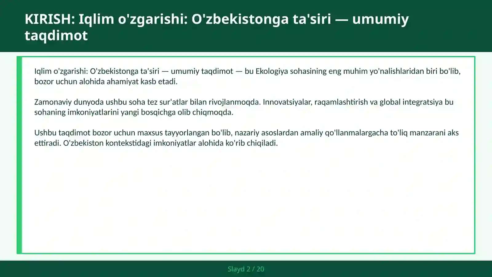 Iqlim o'zgarishi: O'zbekistonga ta'siri — umumiy taqdimot 2