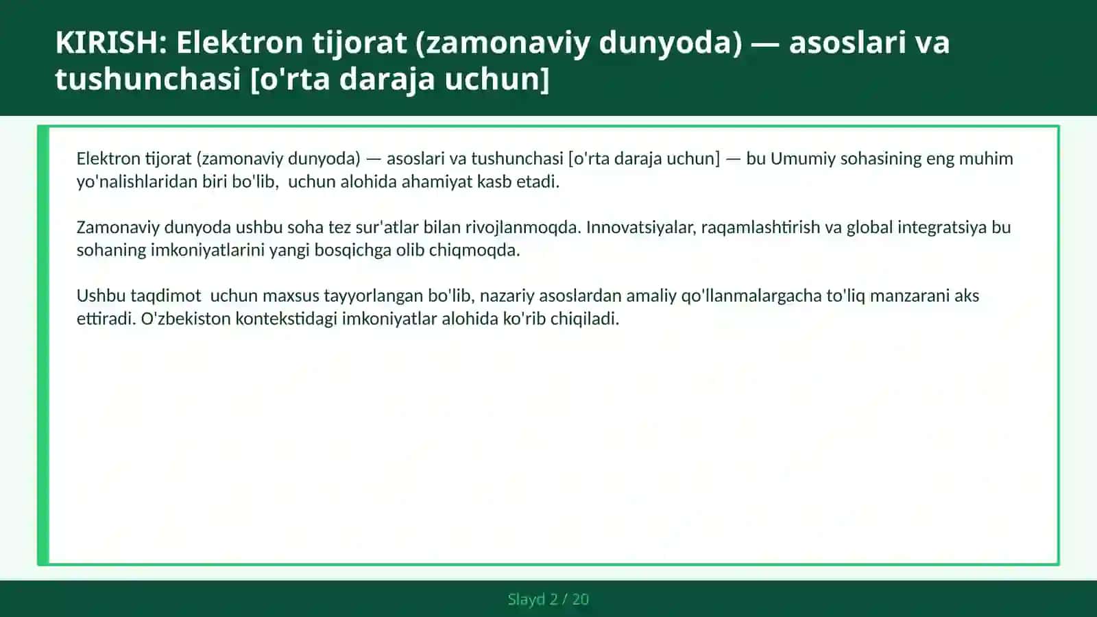 Elektron tijorat (zamonaviy dunyoda) — asoslari va tushunchasi [o'rta daraja uchun] 2