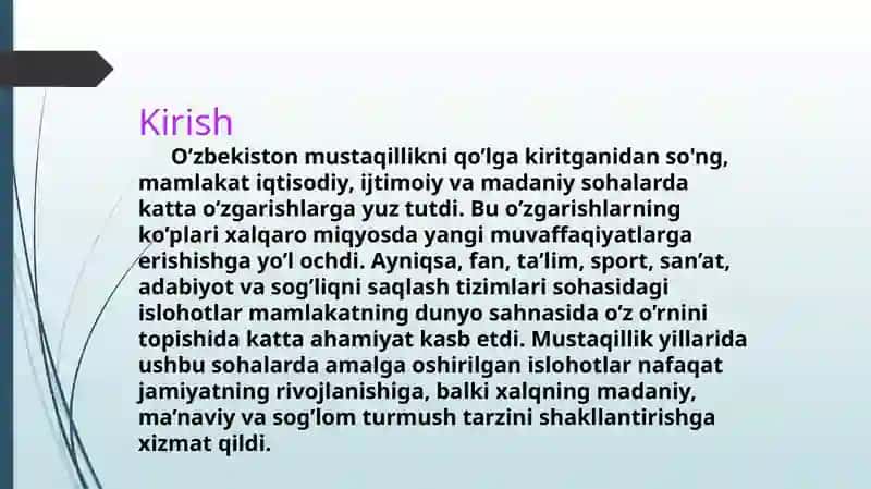 MustaqillikyillaridaO’zbekistondafan,ta`lim, sport,san`at,adabiyotvasog`liqnisaqlashtizimirivoji 2
