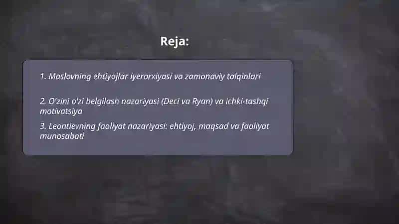 Ehtiyoj, motiv, faoliyat va ustanovka. Shaxs. Shaxsborasidagi psixologik konsepsiyalar 2