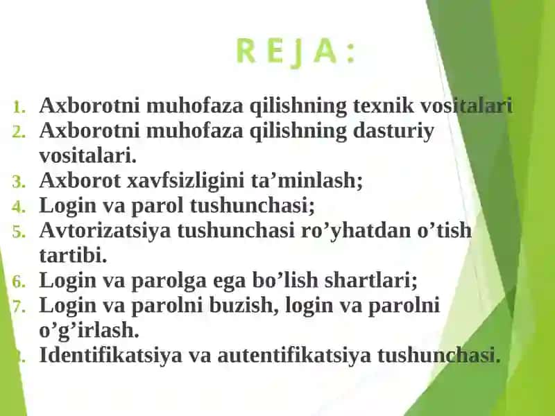 Axborotlar himoyasi. Himoyalashning texnik va dasturiy vositalari. 2
