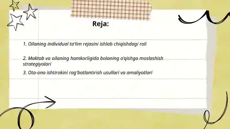 Alohida yordamga muhtoj bolani umumtaʼlim maktabi yoki maktabgacha tashkilotda inklyuziv taʼlim sharoitida oʻqishga moslashishida oila va maktabning oʻrni Hamdamov Elbek 2