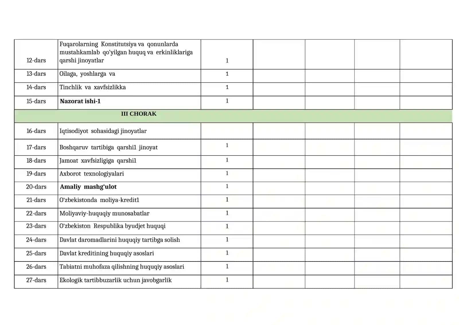 DAVLAT VA HUQUQ ASOSLARI (haftasiga 1 soatdan jami 34 soat) 2