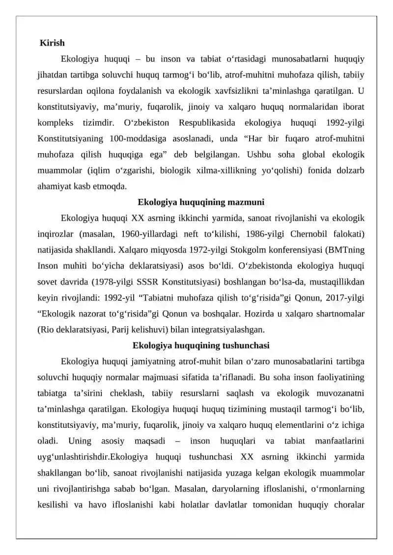 Ekologiya huquqining tushunchasi, yo‘nalishlari, obyektlari tamoyillari 2
