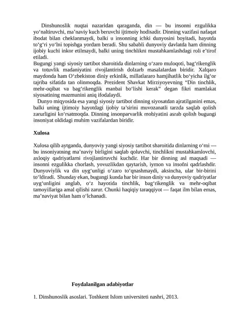 Dunyoning yangi siyosiy tartiboti sharoitida dinlarning o'rni 2