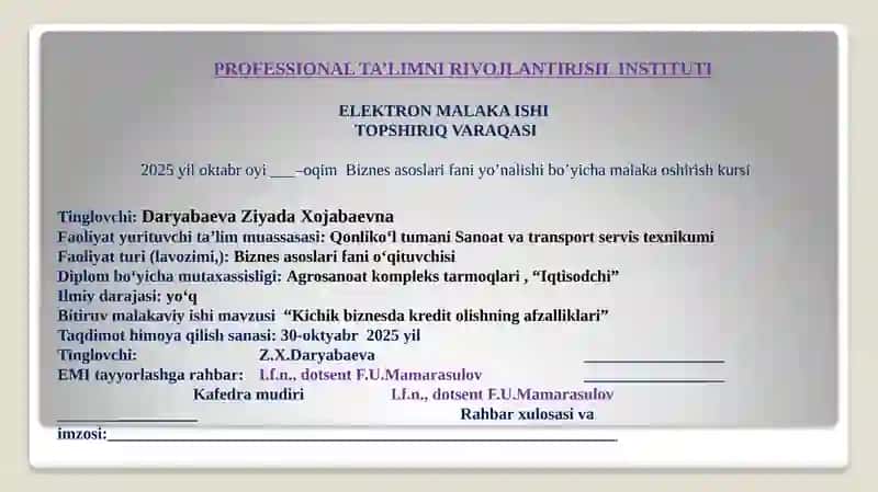 Kichik biznesda kredit olishning afzalliklari 2