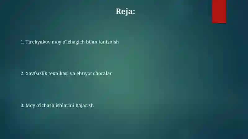 Tirekyakov yoğin òlchagichi bilan tanishish va yoğin òlchash ishlarini olib borish 2
