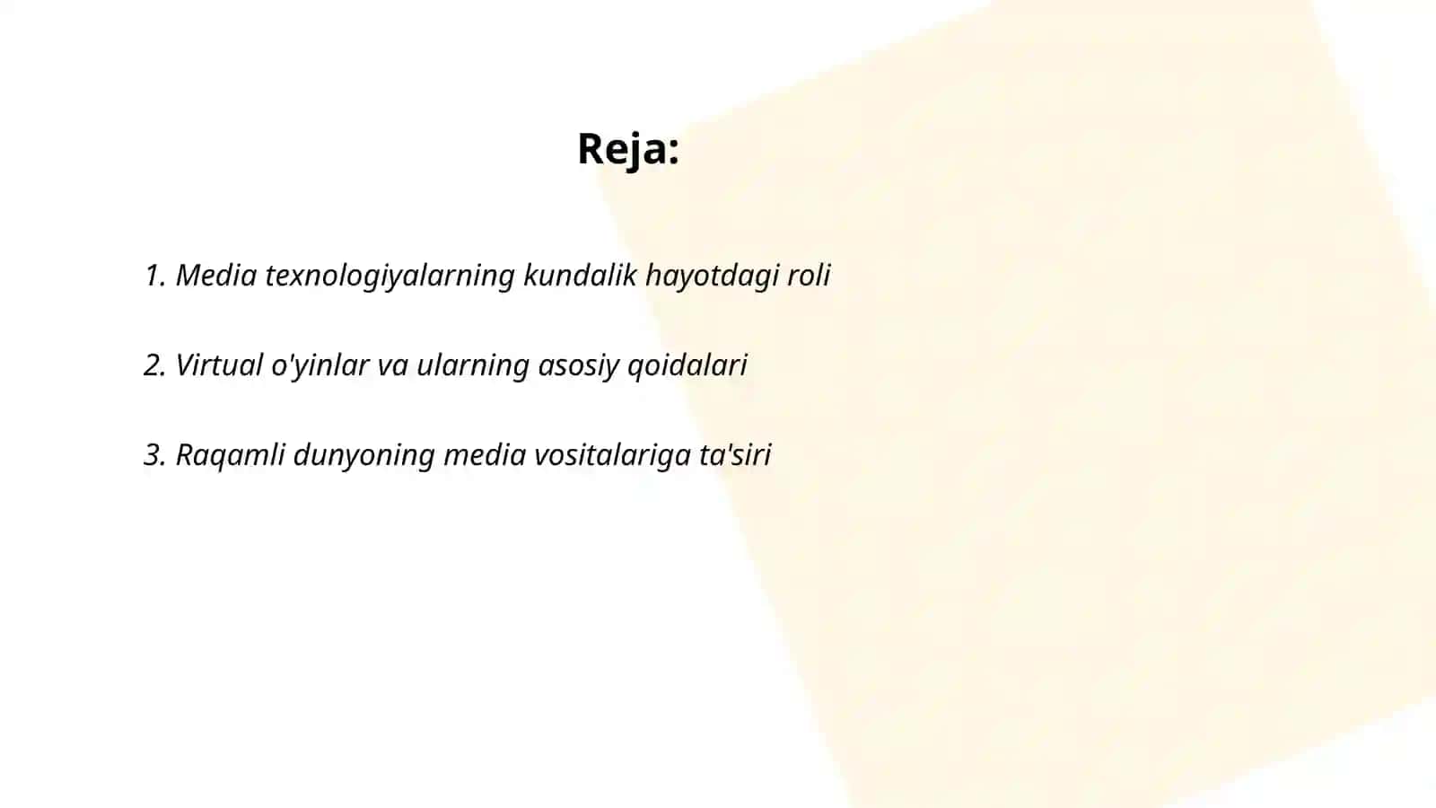 Media texnalogiyalar kundalik hayotda. Virtual o'yinlarning asoslari 2