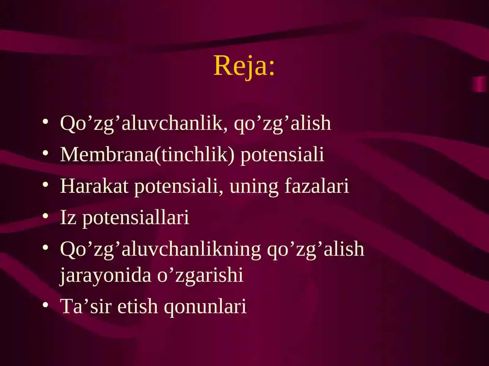 Qo’zg’aluvchan to’qimalarda bioelektrik hodisalar. Ta`sirlash qonunlari 2