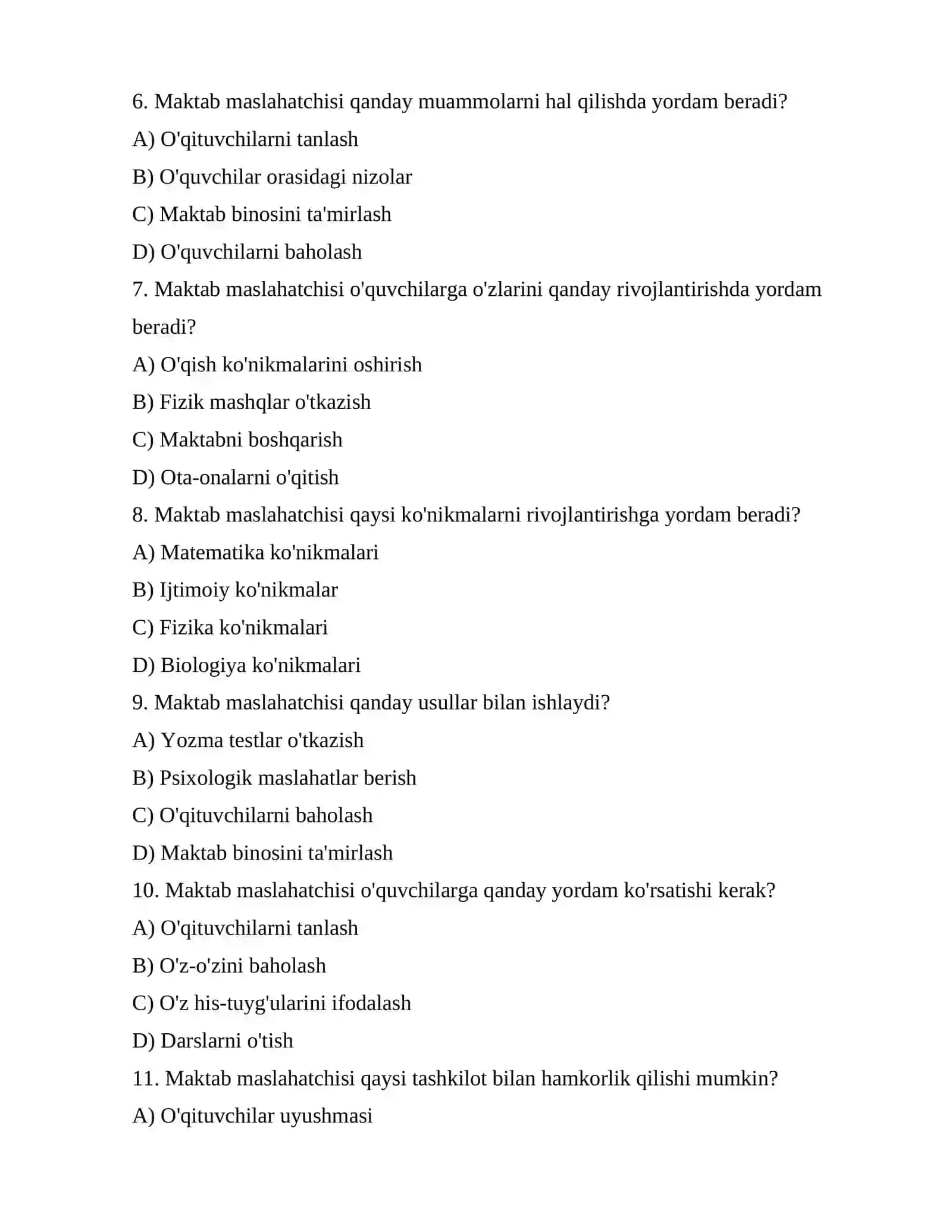 Maktab maslahatchisi lavozimi uchun testlar 228 talik 2