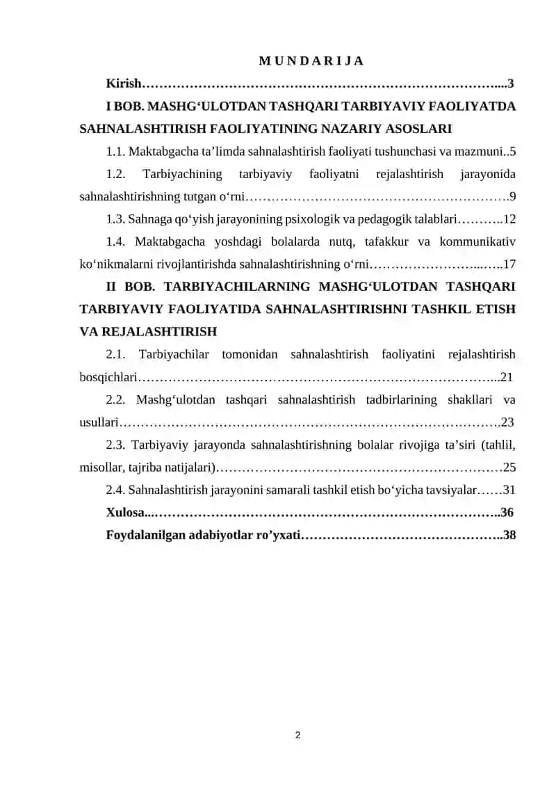 Tarbiyachilarning mashgʻulotdan tashqari tarbiyaviy faoliyatini rejalashtirishda sahnalashtirish faoliyatining o’ziga xosligi.docx 2