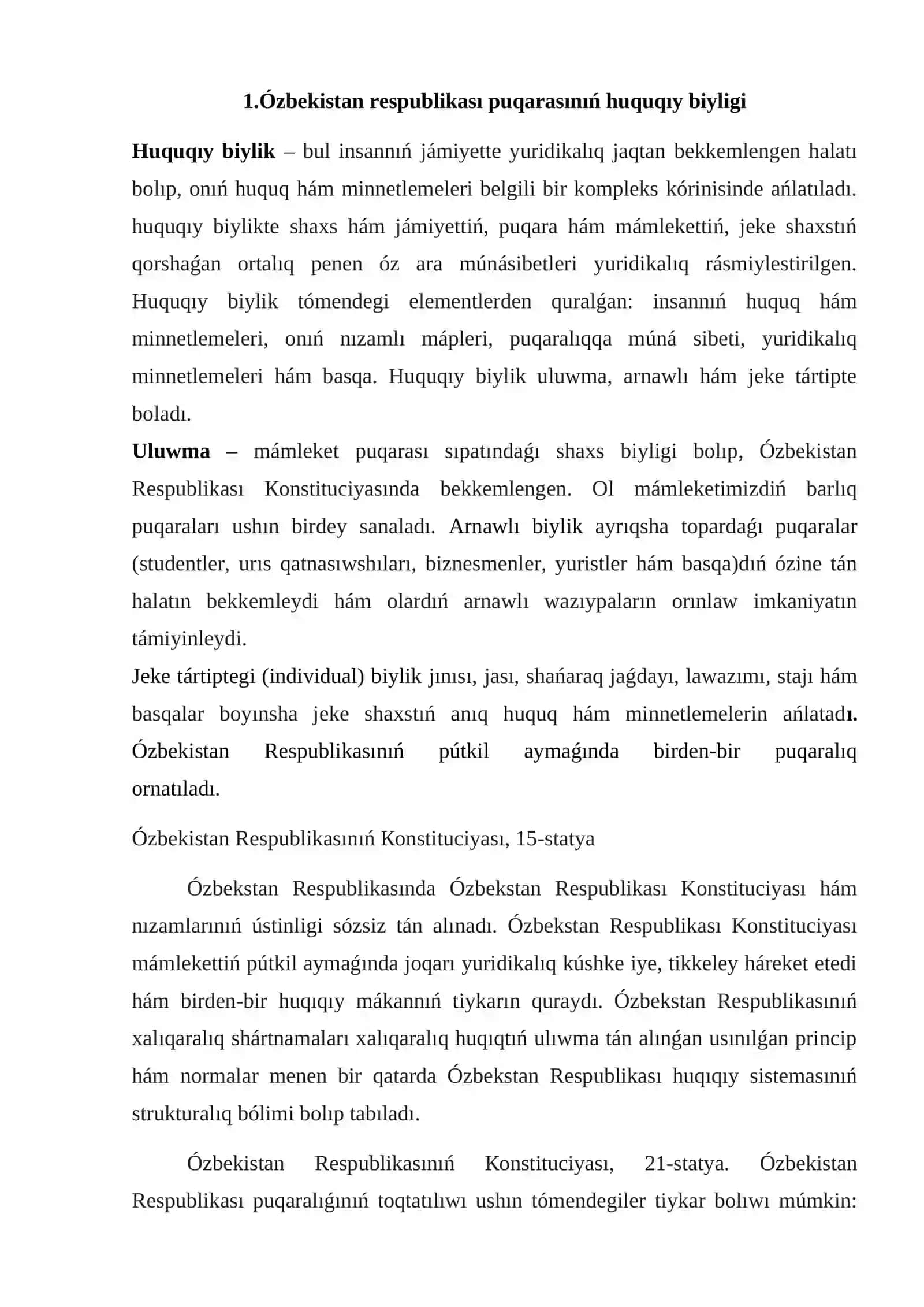 Huquq hám erkinliklerdin kepillikleri puqaralardıń tiykarǵı minnetleri 2