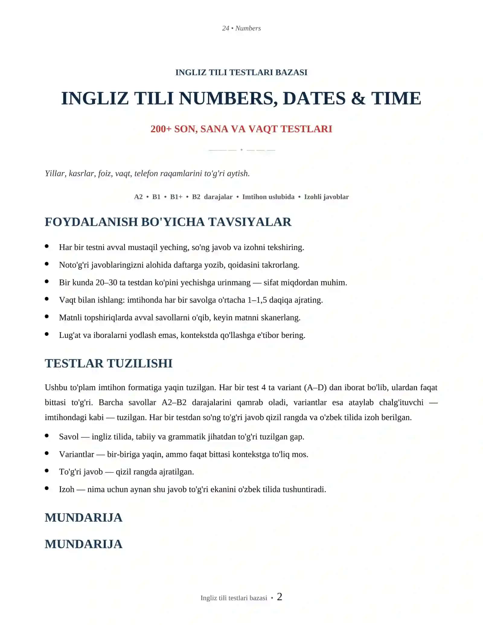 INGLIZ TILI NUMBERS, DATES & TIME 2